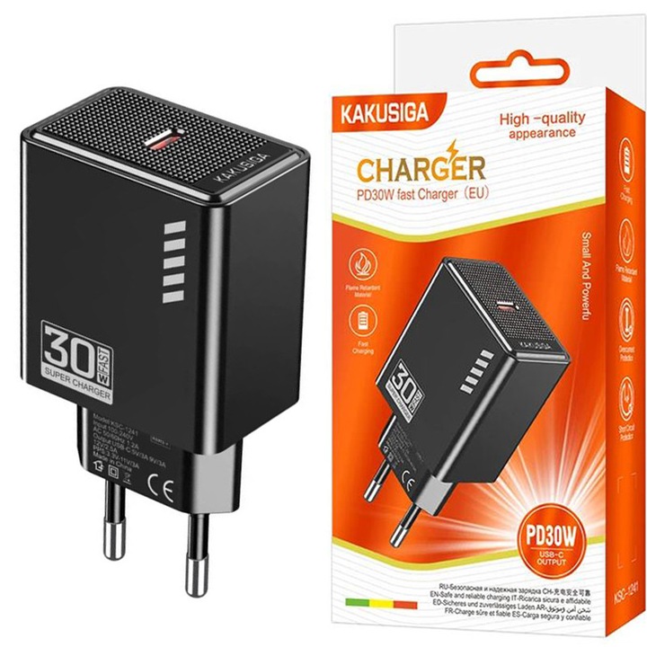 KSC-1241 адаптер за ЕС, Type-C порт, бързо зареждане, мощност 30W, черен