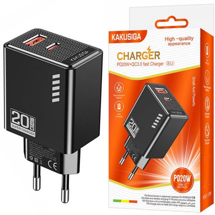 KSC-1239 Адаптер за ЕС щепсел, Type-C и USB, Бързо зареждане, Мощност 20W, Черен