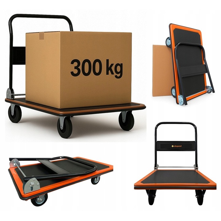 Carucior Cu Platforma, Strong, Wm04, Capacitate 300 Kg, Material Metal, Roti Cu Rulmenti, Suprafata Antiderapanta, 61 cm x 91 cm x 85 cm