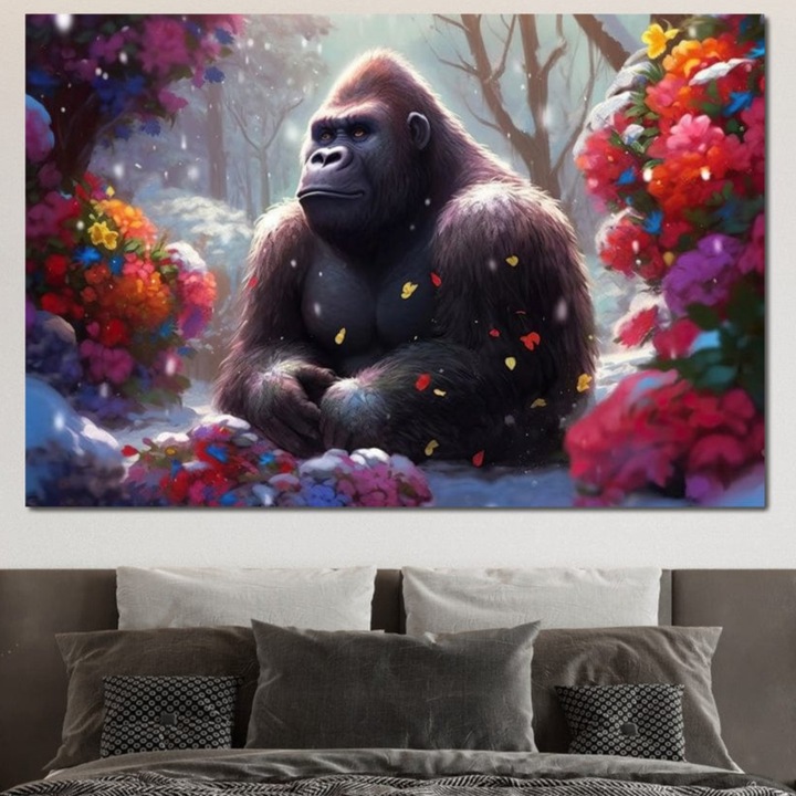 Tablou Canvas Premium, LuxCanva® M1331, Gorila Visatoare, 40 X 60 CM, Panza Bumbac 100% 400g/m2, Sasiu Lemn, Natura, Padure, Flori, Iarna, Zapada, Pace, Visare, Armonie, Relaxare, Gorila, Animale, Birou, Living, Camera Copil