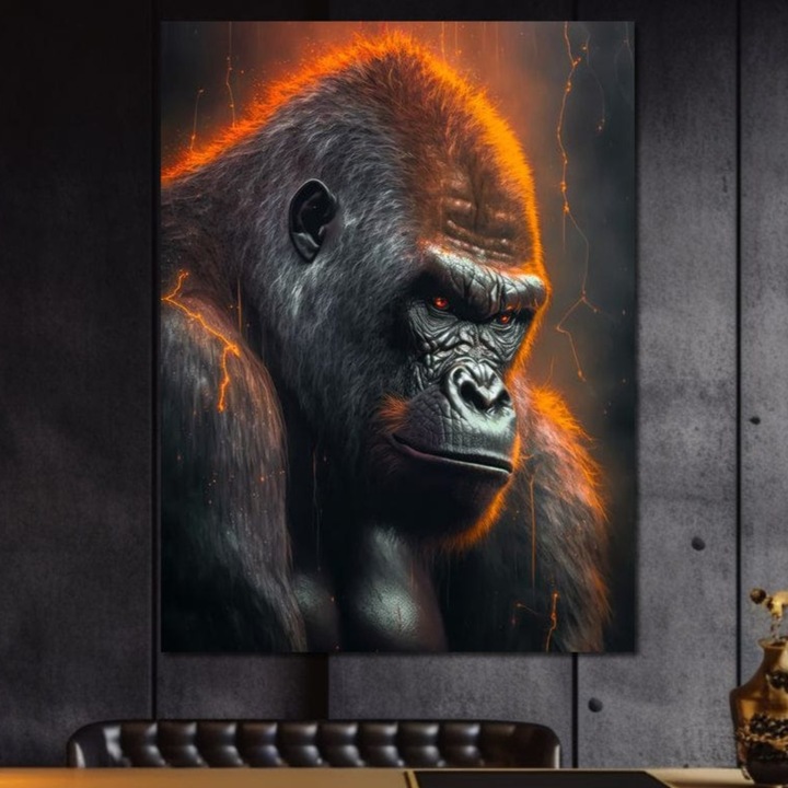 Tablou Canvas Premium, LuxCanva® M1332, Crapaturile Timpului, 100 X 135 CM, Panza Bumbac 100% 400g/m2, Sasiu Lemn, Foc, Lava, Gorila, Animal, Intuneric, Arta Moderna, Putere, Mister, Dominanta, Birou, Living, Camera Copil