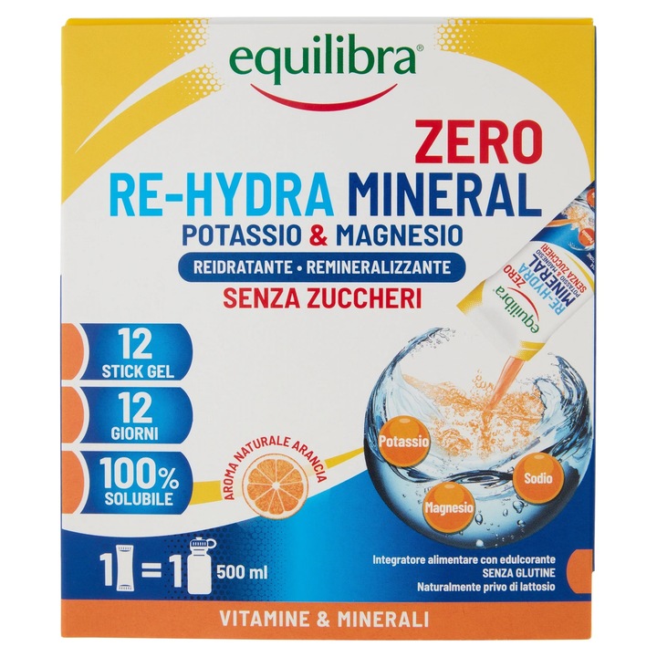 Potasiu si Magneziu Re-Hydra Mineral, Supliment Pentru Rehidratare si Refacerea Electrolitilor, 12 doze Lichide x 30 ml, Equilibra