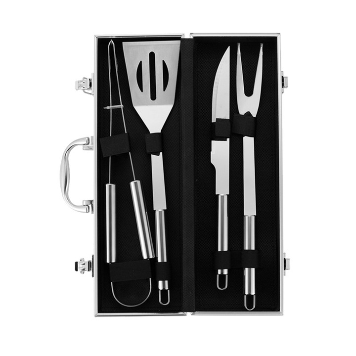 Set de 4 ustensile pentru gratar din otel inoxidabil, cu geanta de transport, usor de transportat, Argintiu, accesorii gratar, 37x12x7cm