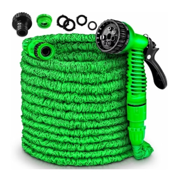 Градински маркуч за поливане, разтегателен, със 7 функции, Boxely, с регулируем пистолет за пръскане, разтегната дължина 60 метра, диаметър 12мм, материал TPE пластмаса, лесен за използване и съхранение, зелен