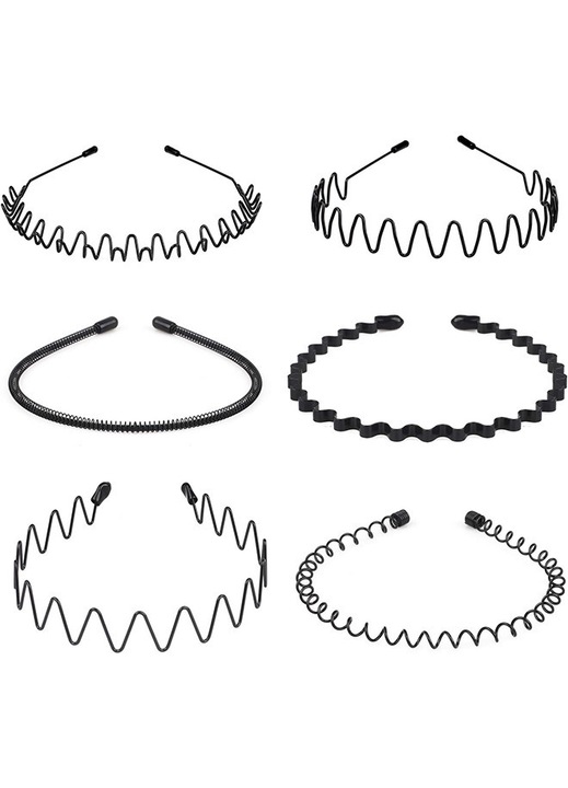 Метални ленти за коса, Вълнообразна лента за глава с пера, Унисекс черна вълнообразна лента за глава, Полирана, Неплъзгаща се назад спортна лента за коса за жени и мъже, 6 броя в опаковка