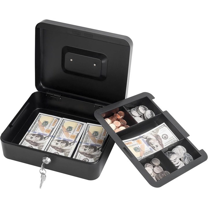 Cutie metalica pentru bani, documente sau obiecte de valoare, inchidere cu cheie, maner de transport, negru, 30 x 24 x 9 cm