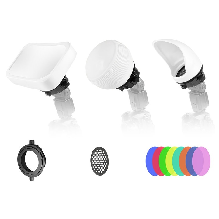 Fotókiegészítő, Lensgo, szilikon diffúzor készlet D1235, 8 színes gél, 3 softbox, többszínű