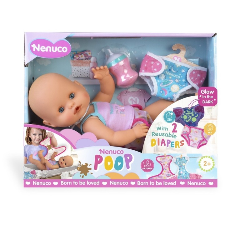 Papusa Nenuco Pana-Popo 35cm, cu 2 scutece fosforescente