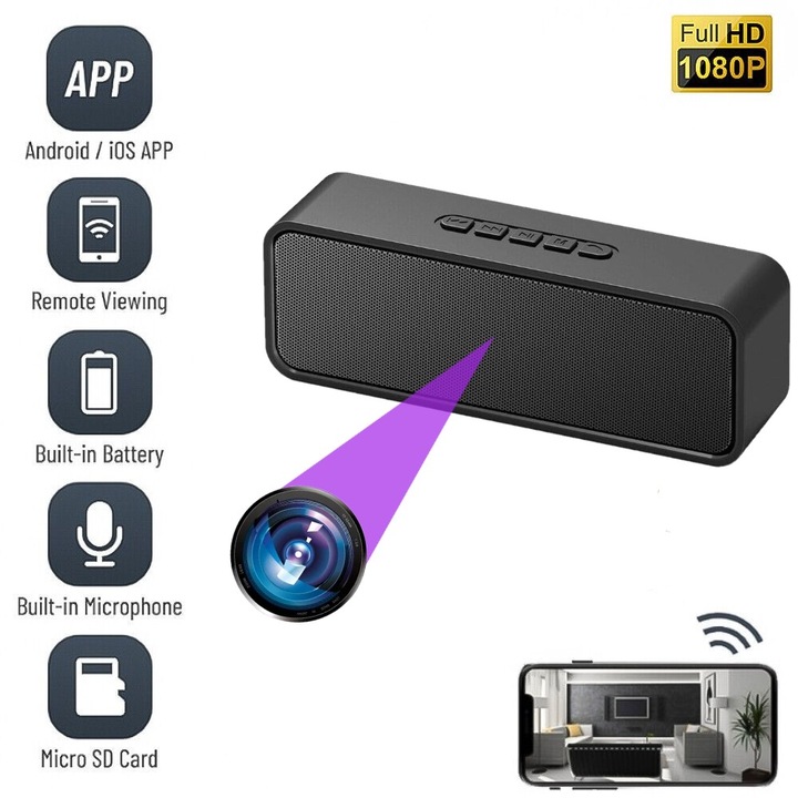 Camera Spion Wi-Fi Ascunsa in Boxa BC1W, Inregistrare Audio-Video, Full HD, 5MP, Activare la Miscare, Aplicatie Mobila, Slot Card
