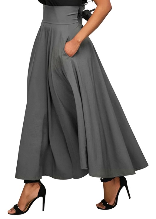 Fusta lunga, gri, cu buzunare laterale, din poliester, casual si eleganta