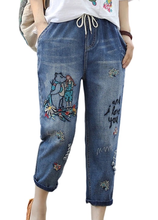 Női farmer, kék, poliészter, magas derekú, szaggatott, művészi hímzéssel