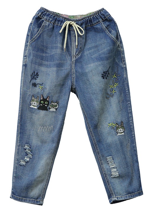 Női farmer, szakadt, művészi hímzés, rugalmas, magas derekú, kék, poliészter