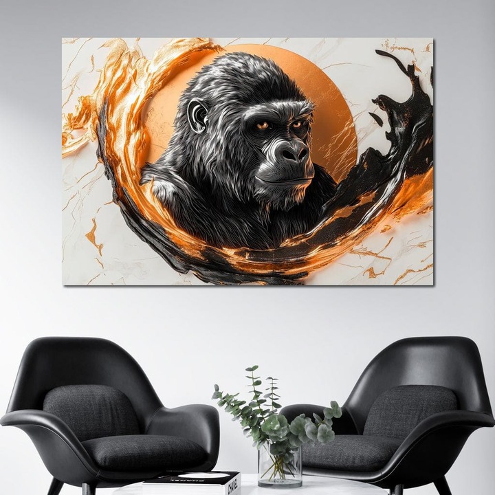 Премиум картина върху платно, LuxCanva® M1333, Огнен пръстен, 100 X 150 CM, 100% памучно платно 400g/m2, дървена рамка, Горила, Сила, Енергия, Абстрактно изкуство, Символ, Животно, Епос, Визия, Вълни, Модерно, Офис, Хол, Детска стая