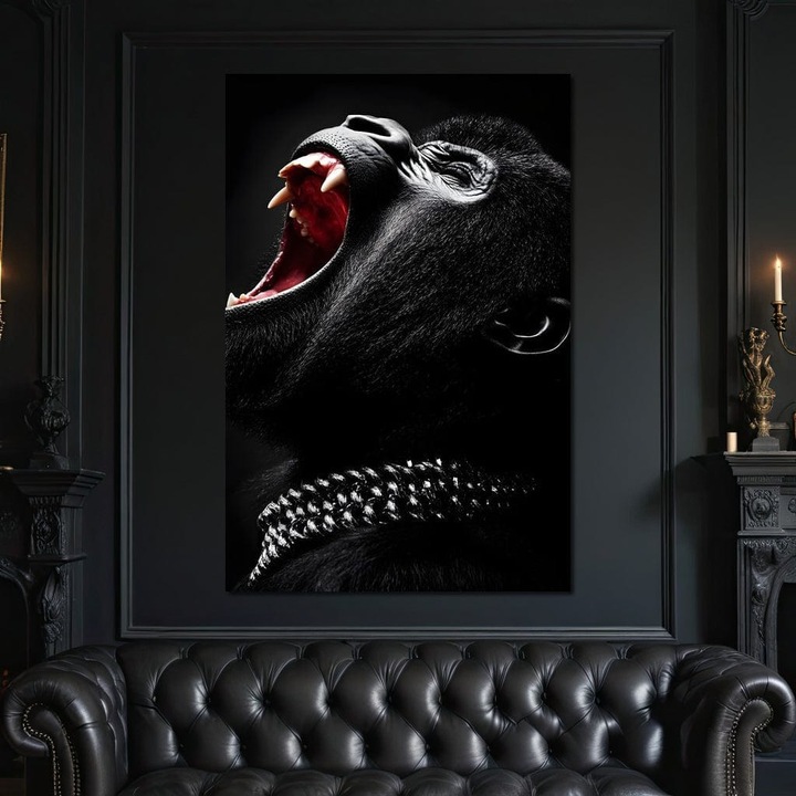 Премиум картина върху платно, LuxCanva® M1334, Гласът на дивото, 70 X 100 см, 100% памучно платно 400 г/м2, дървена рамка, вик, зъби, гняв, горила, изражение, ужас, звяр, вериги, инстинкт, животно, офис, хол, детска стая