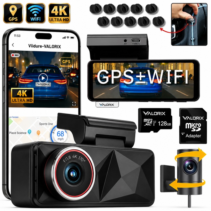 Camera Auto DVR Valorix® 4K UHD + 1080p Spate, Senzor Sony IMX335, GPS, Wi-Fi & App, Night Vision WDR, Ecran IPS 3.39", Unghi 170°+140°, Mod Parcare 24/7, Supercapacitor, G-Sensor, Card 128GB, Adaptor, 10 clipsuri prindere cablu