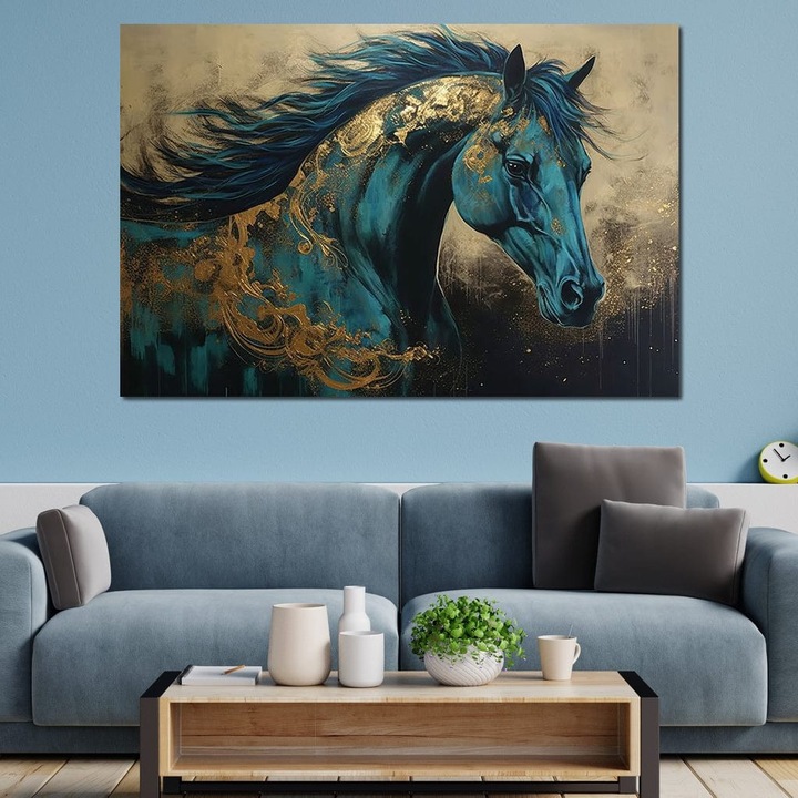Премиум картина върху платно, LuxCanva® M1335, Синя епична, 70 X 100 см, 100% памучно платно 400 г/м2, дървена рамка, кон, животно, грива, галоп, злато, портрет, елегантна, динамична, грациозна, артистична, живопис, офис, хол, детска стая