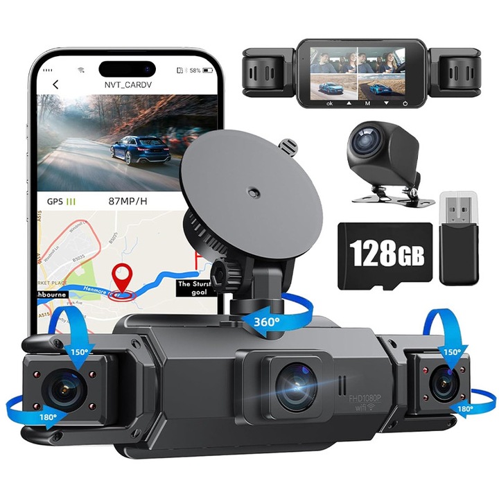 Видеорегистратор ZYNORO, 4-канална камера за кола, 360° покритие, Full HD 1080P, 170° ултрашироко зрително поле, Вграден GPS, WiFi 5G, Цикличен запис, Режим паркиране, 3" IPS дисплей, 128GB, OBD захранващ кабел, Детекция на движение, Черен