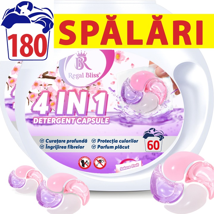Detergent de rufe capsule Regal Bliss ® 4in1 pods pentru curatarea si protectia hainelor, capsule detergent lichid concentrate si parfumate, delicat cu pielea sensibila, indepartare eficienta a petelor, parfum de lunga durata, Sakura Fruit, 180 Spalari