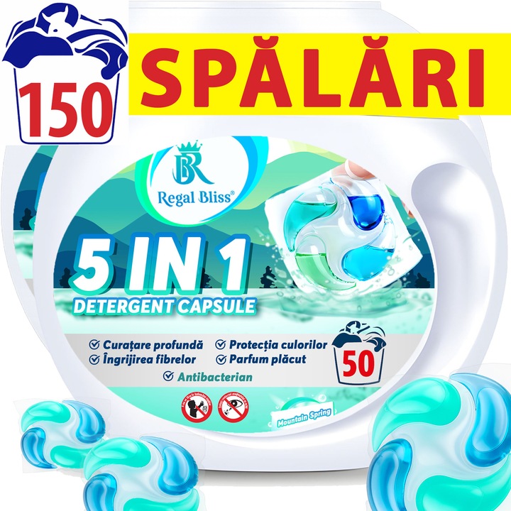Detergent de rufe capsule Regal Bliss ® 5in1 pods pentru curatarea si protectia hainelor, detergent lichid concentrat si antibacterian, delicat cu pielea sensibila, indepartare eficienta a petelor, parfum de lunga durata, Mountain Spring, 150 Spalari
