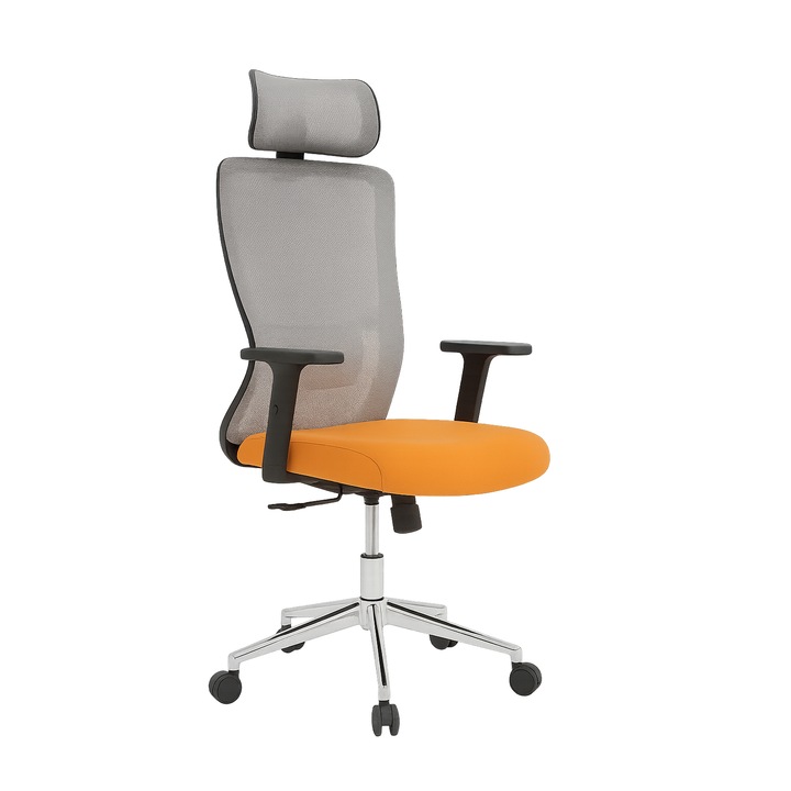 Scaun Birou Ergonomic cu Suport Cervical si Design Modern, Gri-Portocaliu