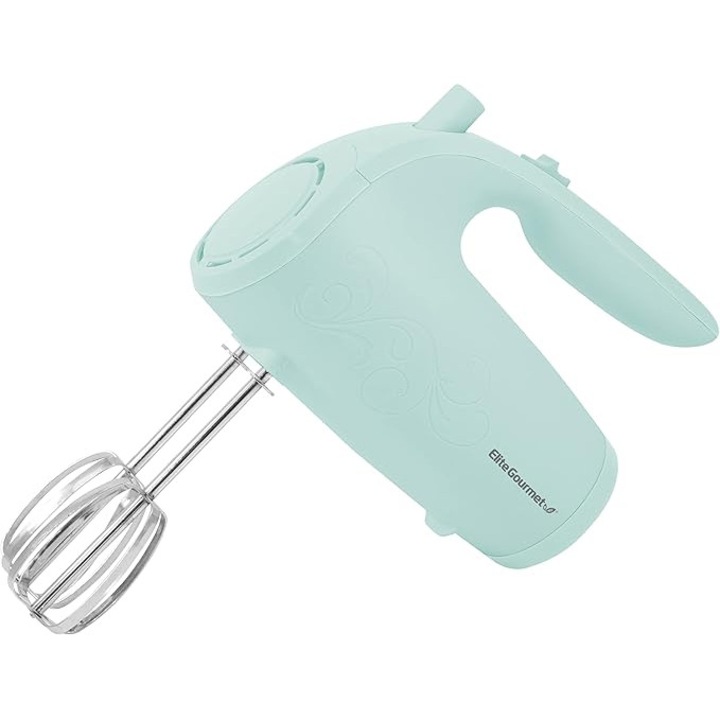Електрически ръчен миксер Elite Gourmet EHM003M, Ultra Power, 5 скорости, с 2 широки остриета от неръждаема стомана за гладко и кремообразно смесване, цвят ментово син