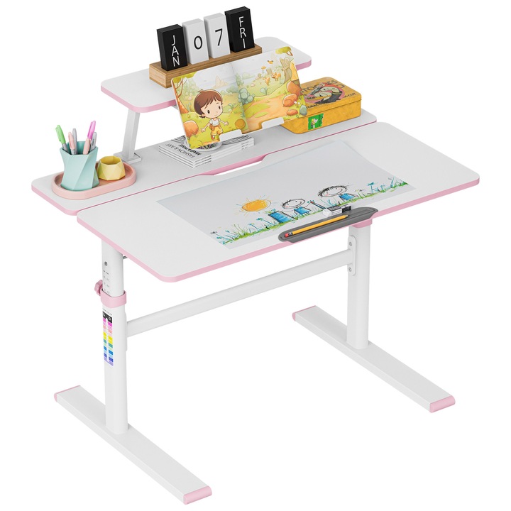 Birou ergonomic pentru copii, Study 3.7, modern, reglabil pe inaltime, posibilitatea de inclinare a blatului cu compartiment de depozitare, 90 x 60 cm, Roz