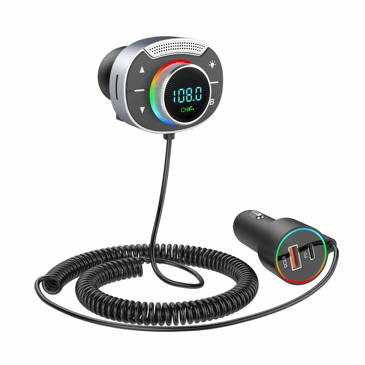 FM modulátor, Bluetooth 5.3, FM rádióadó, PD3.0, Dupla USB intelligens gyorstöltés, 18 W-os gyorstöltés, További AUX és Micro SD lejátszási funkciók, 12V-24V, Oududianzi, Ezüst/Fekete