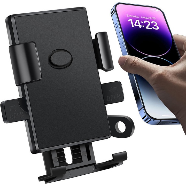 Telefontartó kerékpárhoz/motorkerékpárhoz, 360°-ban forgatható tartó, erős fogás, 4,7-7 hüvelykes telefonokkal kompatibilis, fényes fekete