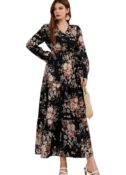 Rochie casual lunga, neagra cu imprimeu floral, lejera, S