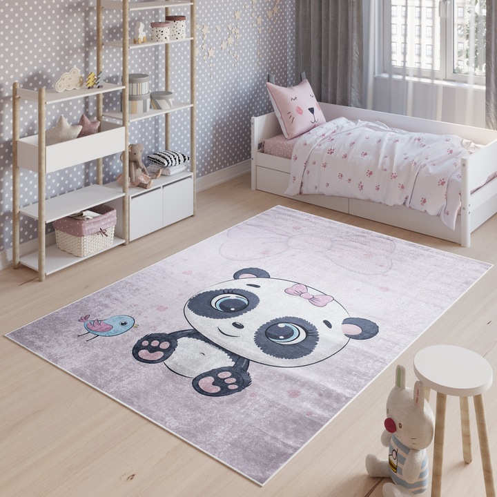 Covor, Tapiso, Emma, 170x120 cm, Panda, Mov, Inaltime Fir 6 mm, Pentru Camera Copiilor, Rezistent La UV, Rezistent La Pete, Lavabil, Usor de curatat, Rezistent La Intemperii, Impermeabil, Moale La Atingere