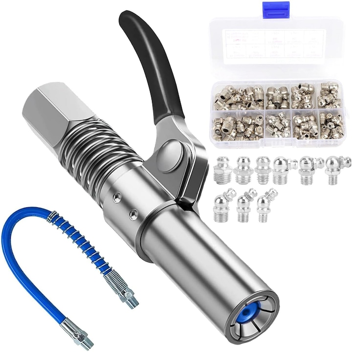 Set de duze pentru pistol de ungere din piese cu set de fitinguri rapide pentru furtun de 30 cm, otel inoxidabil, contine 60 duze pentru pistol de ungere, potrivit pentru ungere cu eliberare rapida