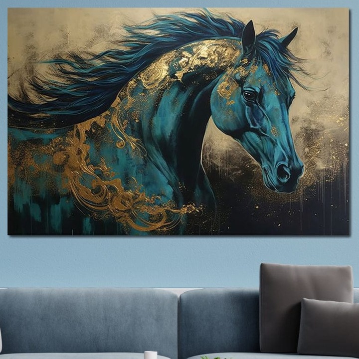Tablou Canvas Premium, LuxCanva® M1335, Epopee Albastra, 70 X 100 CM, Panza Bumbac 100% 400g/m2, Sasiu Lemn, Cal, Animal, Coama, Galop, Auriu, Portret, Elegant, Dinamic, Gratios, Artistic, Pictura, Birou, Living, Camera Copil