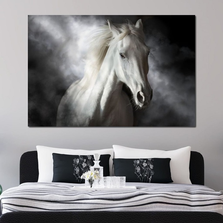 Премиум картина върху платно, LuxCanva® M1336, Галопиращ над облаците, 80 X 120 см, 100% памучно платно 400 г/м2, дървена рамка, Светлина, Облаци, Чистота, Кон, Бяло, Диво, Животно, Мистерия, Елегантност, Драматично, Офис, Хол, Детска стая