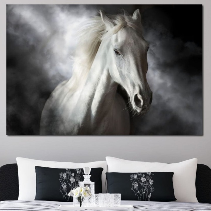 Tablou Canvas Premium, LuxCanva® M1336, Galop deasupra Norilor, 40 X 60 CM, Panza Bumbac 100% 400g/m2, Sasiu Lemn, Lumina, Nori, Puritate, Cal, Alb, Salbatic, Animal, Mister, Eleganta, Dramatic, Birou, Living, Camera Copil