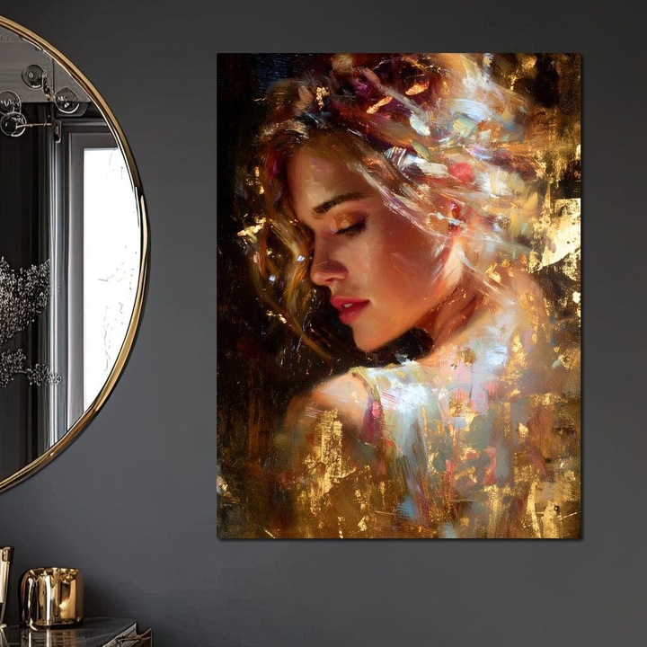 Премиум картина върху платно, LuxCanva® G1155, В обятията на слънцето, 75 X 100 см, 100% памучно платно 400 г/м2, дървена рамка, Мечта, Момиче, Богиня, Злато, Грация, Тишина, Блясък, Треперене, Искри, Изгрев, Мистерия, Изисканост, Офис, Хол, Спалня