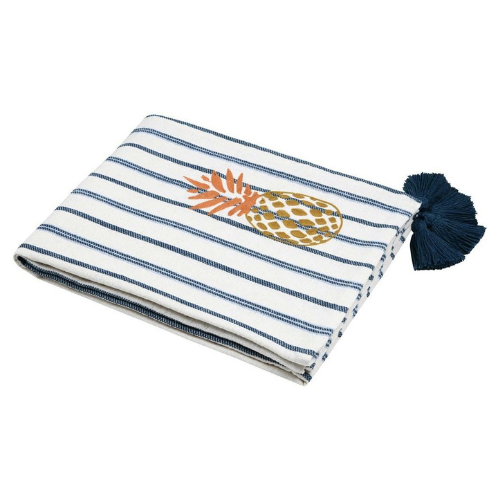 Patura, STOF, 125x150 cm, Albastru, Usoara Si Confortabila, Cu Broderie Ananas Si Franjuri, Dungi Alb-Albastru, Ideala Pentru Picnic, Plaja, Balcon Si Terasa, Accesoriu la Moda In Stil Boho Si Coastal