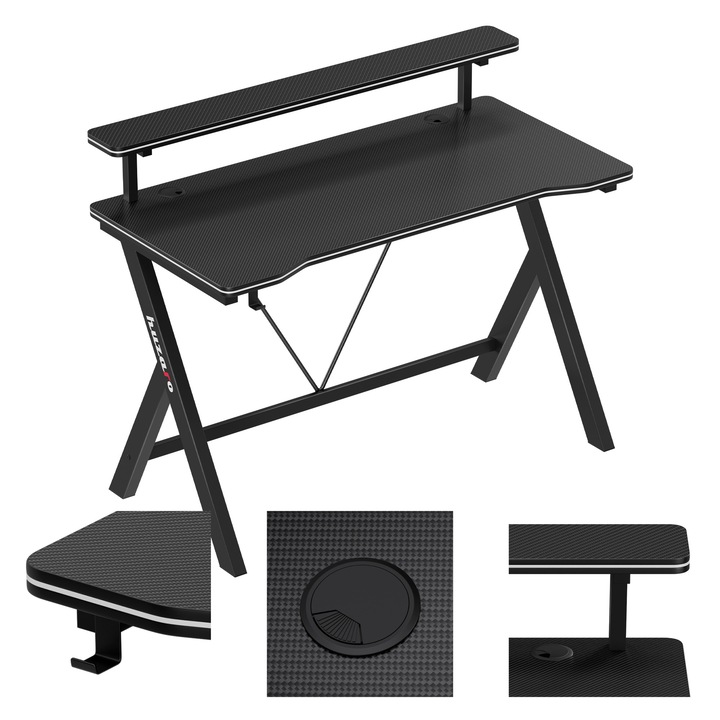 Birou gaming Huzaro Hero 1.9, raft pentru monitor, cadru din otel, carlig practic, sarcina pana la 75 kg, 120x60 cm, Negru