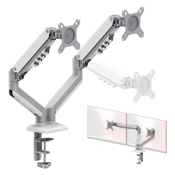 Suport 2 monitoare, Mark Adler, Flow 4.0, 15" - 32", Reglabil, Pana la 9 kg/ecran, pentru birou Office, latimea umerilor pana la 101 cm, Functie PIVOT 360°, VESA 75x75/100x100, aluminiu, Argintiu