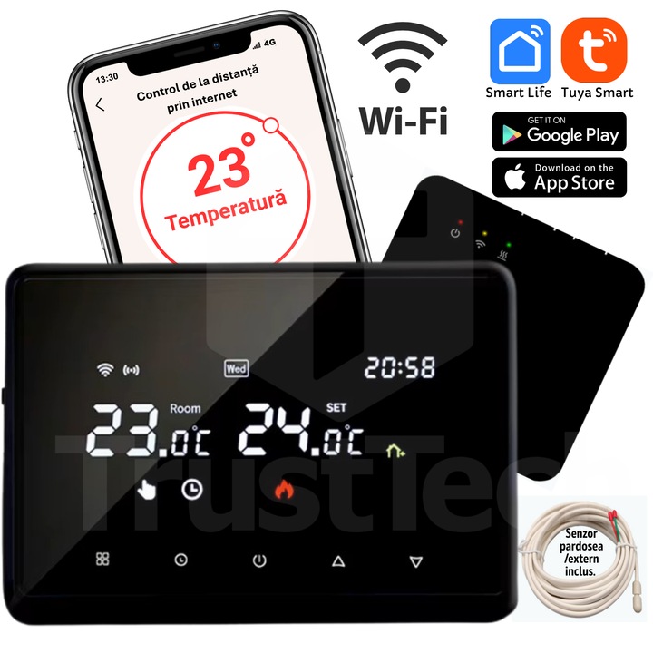Termostat Inteligent Wireless WiFi TrustTech, Negru, Control de pe Telefon prin internet, Control Vocal Alexa & Google, Afisaj LED, Compatibil Tuya, pentru Centrala Termica, Incalzire in Pardoseala, Boiler, Pompa de Caldura, Montaj Usor, Design Modern