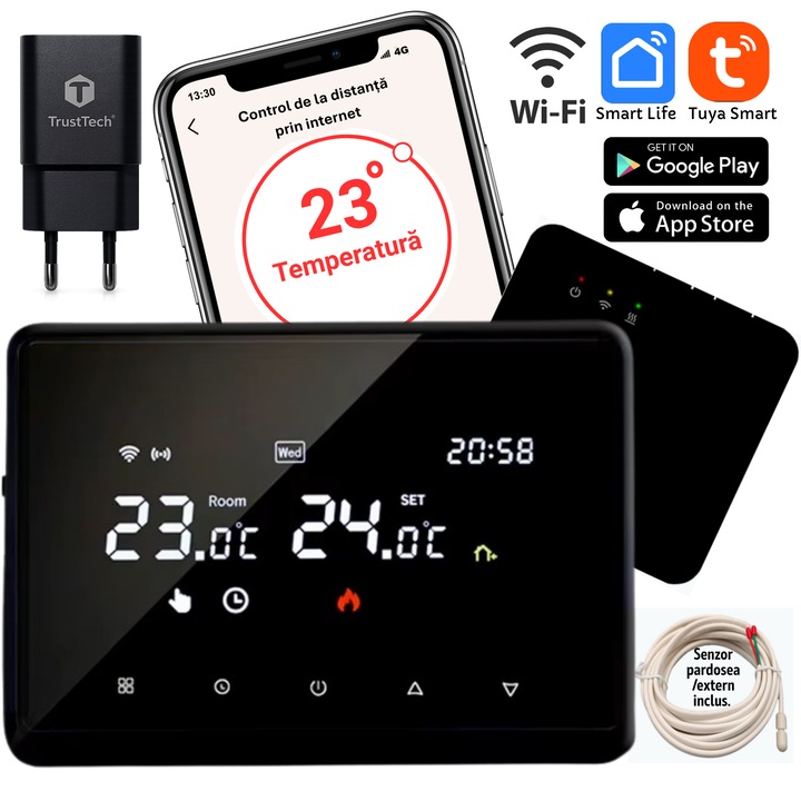 Termostat Inteligent Wireless WiFi TrustTech, Negru, Control de pe Telefon prin internet, Control Vocal Alexa & Google, Afisaj LED, Compatibil Tuya, pentru Centrala Termica, Incalzire in Pardoseala, Boiler, Pompa de Caldura, Montaj Usor, Incarcator Inclus