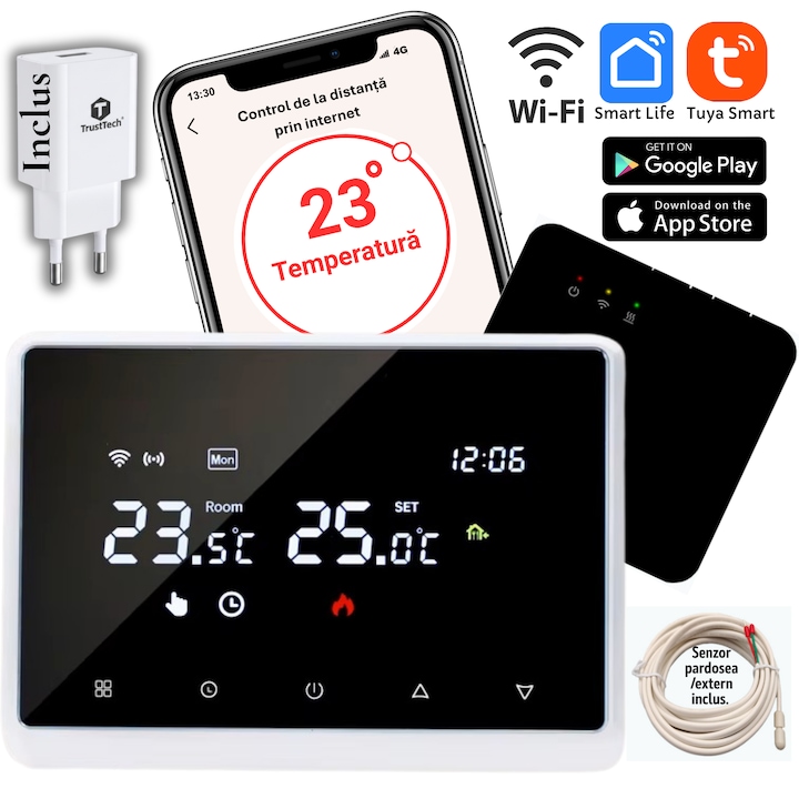Termostat Inteligent Wireless WiFi TrustTech, Control de pe Telefon prin internet, Control Vocal Alexa & Google, Afisaj LED, Compatibil Tuya, pentru Centrala Termica, Incalzire in Pardoseala, Boiler, Pompa de Caldura, Montaj Usor, Design Modern ALB