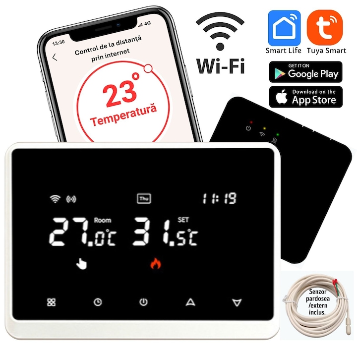 Termostat Inteligent Wireless WiFi TrustTech, Negru, Control de pe Telefon prin internet, Control Vocal Alexa & Google, Afisaj LED, Compatibil Tuya, pentru Centrala Termica, Incalzire in Pardoseala, Boiler, Pompa de Caldura, Montaj Usor, Design Modern