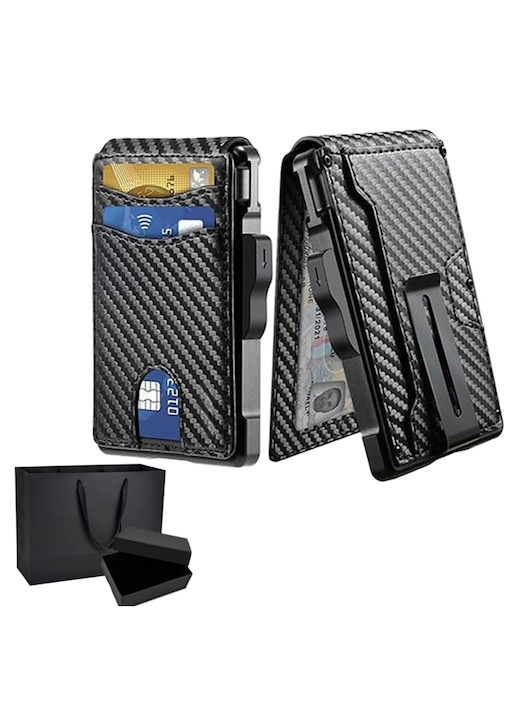 Portofel pentru barbati, FomoX, cu agrafa pentru bani Fante subtiri din piele Suport pentru carduri de credit Portofel minimalist bifold ，portofel carduri，clips bani，clips pentru bani，cu blocare RFID, suport carduri，ambalaj cadou，Negru Piele naturala