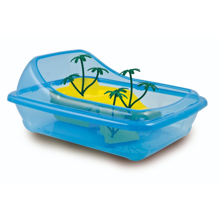 Terariu Broaste Testoase ISCHIA Mare - 59x39x21.5h cm, MPB, Plastic Non-Toxic, Bazin cu Insula si Palmieri
