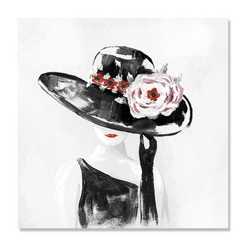 Tablou Canvas - Red on Black II, Femeie, Palarie, 100 x 100 cm Tablou Canvas - Red on Black II, Femeie, Palarie, 100 x 100 cm