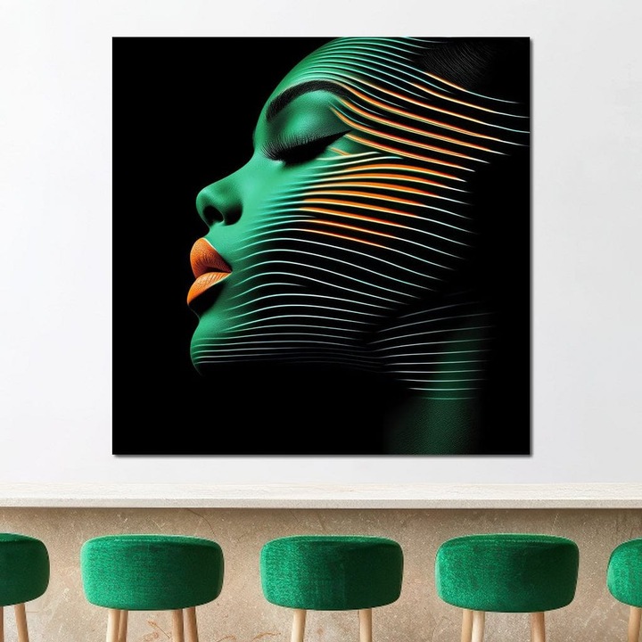 Картина върху платно, LuxCanva® G1159, Метаморфоза на зеленото, 100% памучно платно 400 г/м2, дървена рамка, модерна, експресивна, портрет, зелена, черна, футуристична, за офис, хол, спалня, 75 X 75 см