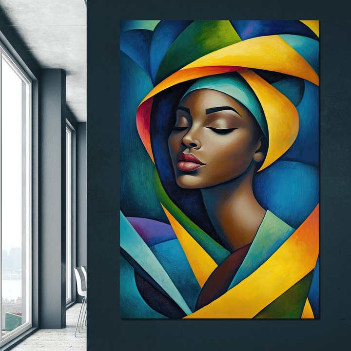 Премиум картина върху платно, LuxCanva® G1160, Тропическа геометрия, 70 X 100 CM, 100% памучно платно 400g/m2, дървена рамка, Абстрактно, Красота, Мода, Цветно, Портрет, Женствено, Съвременно, Кубизъм, Геометрично, Лице, Чупливо, Офис, Хол, Спалня