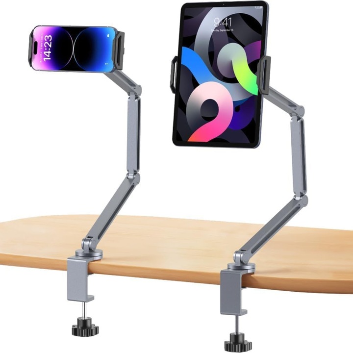 Поставка за телефон и таблет Arteli®, 5-12.6 инча, Захващане с щипка, Дълго рамо, Въртящ се на 360°, Противохлъзгащ силикон, За бюро, Спираловидна заключваща система, Сив, 1 брой