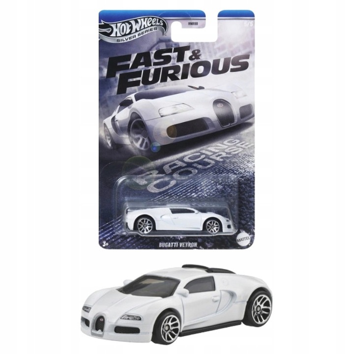 Fröccsöntött autószett, Hot Wheels, Bugatti Veyron (Ezüst széria) Gyűjtői csomagolásban, Hot Wheels, Bugatti Veyron, Méretarány 1:64, Anyag Fém + Műanyag, Ezüst festék, Hiperautó ihlette, 10 x 3 x 1,5 cm, Ezüst