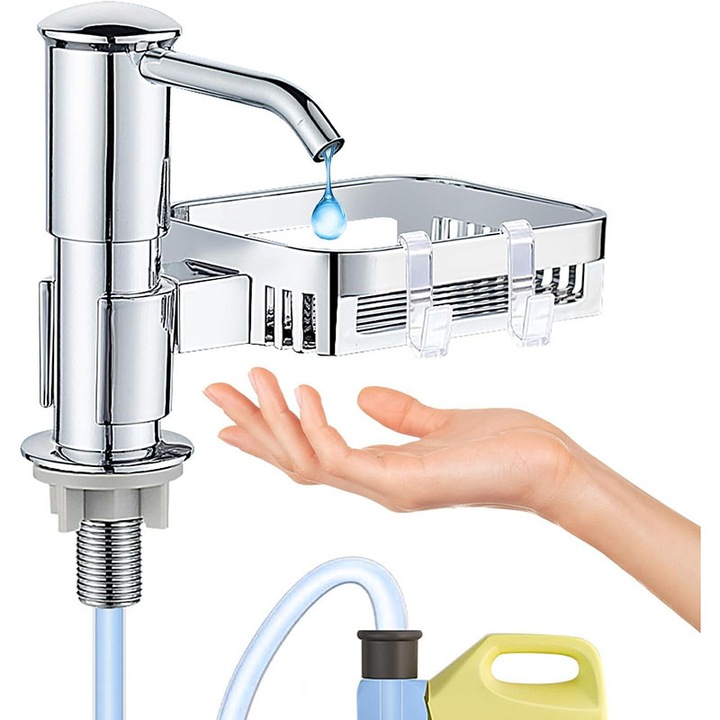 Dispenser de sapun pentru chiuveta, cu suport pentru burete, tub extensibil de 39", argintiu, pentru detergent, utilizare manuala